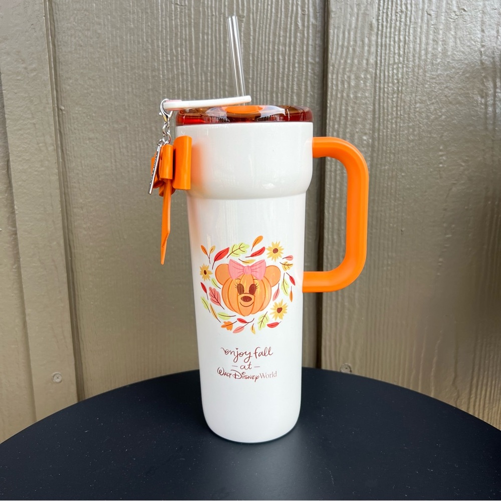 Disney Parks Starbucks Fall Minnie Pumpkin Spice Metal Tumbler Handle Bow NEW